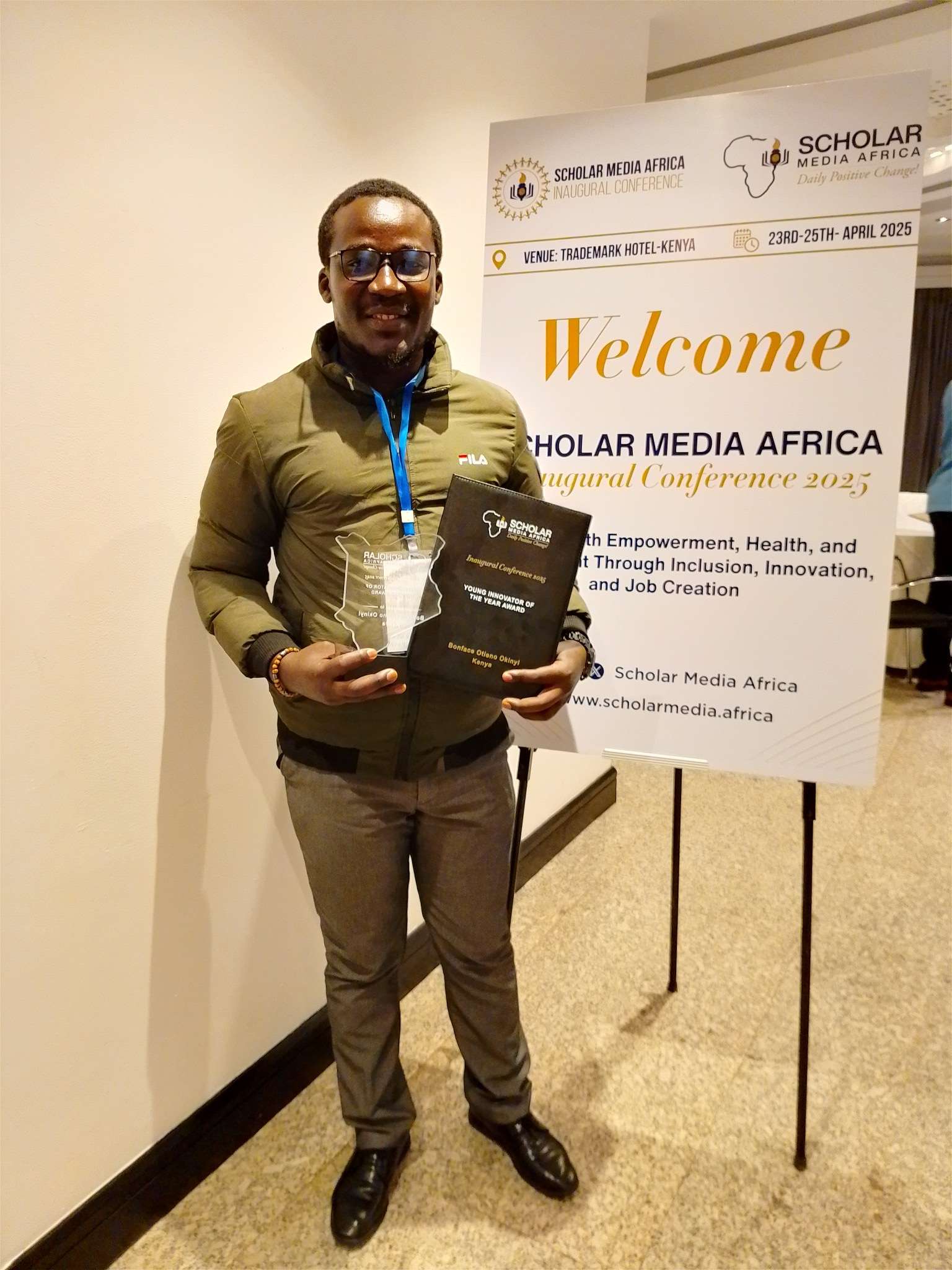 Bleeding Ink Scribes Publishers Limited Founder, Director And CEO Bonface Nyamweya winner of young Kenya Africa innovator of the year award 2025 by scholar media africa inaugural conference