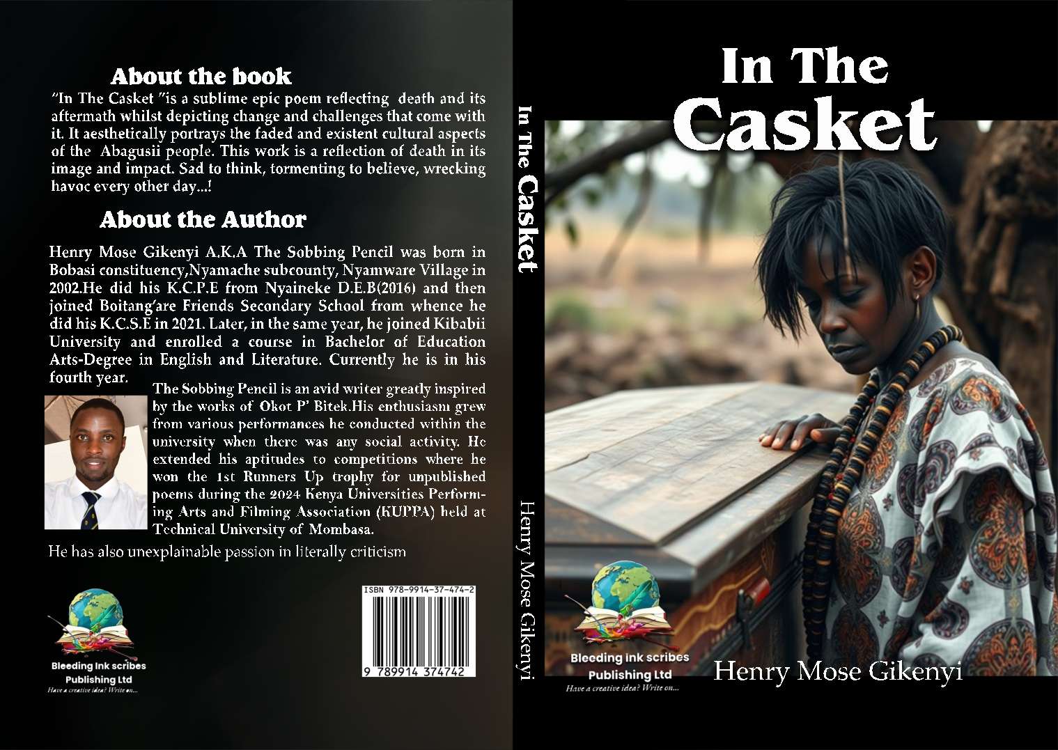 Front and back cover of In the Casket by Mose Henry Gikenyi – a Kenyan fiction book featuring a reflective design, synopsis, and author bio