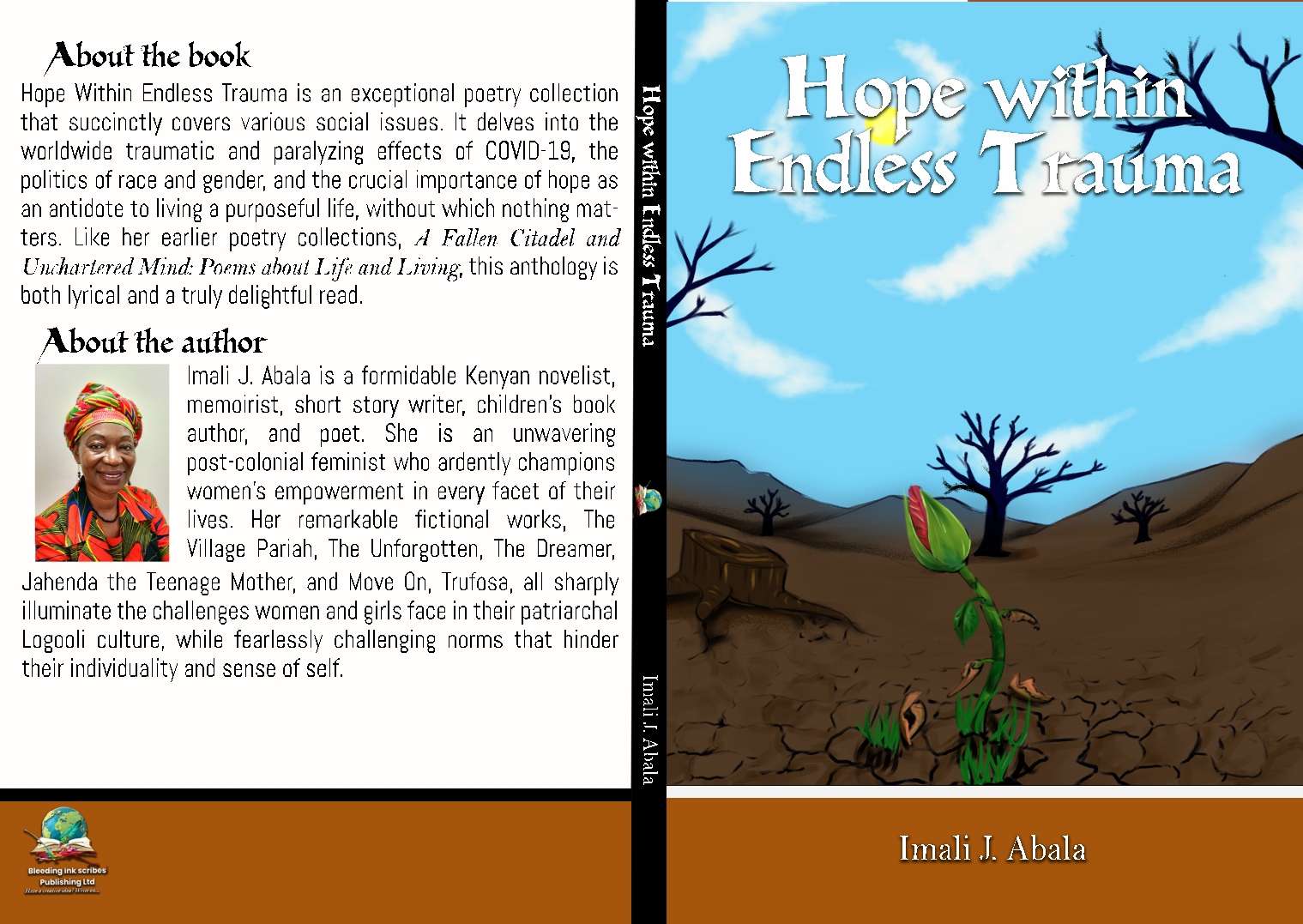 Front and back cover of hope within endless trauma title by Prof. Imali J. Abala – a Kenyan fiction book featuring a reflective design, synopsis, and author bio